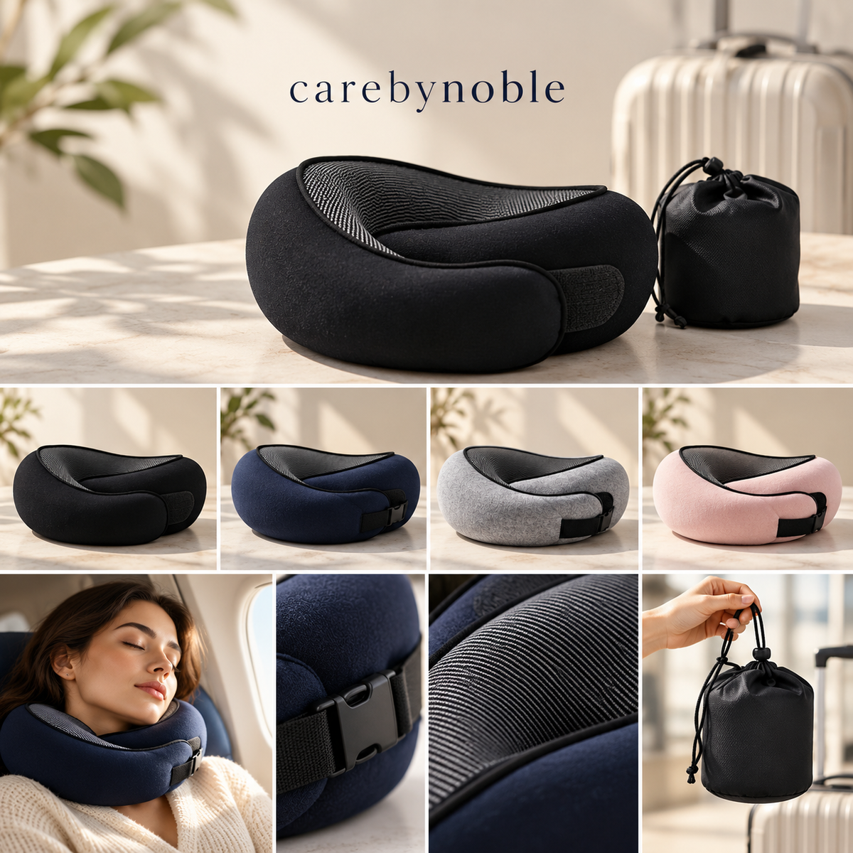 carebynoble travel neck pillow lifestyle and colour variants