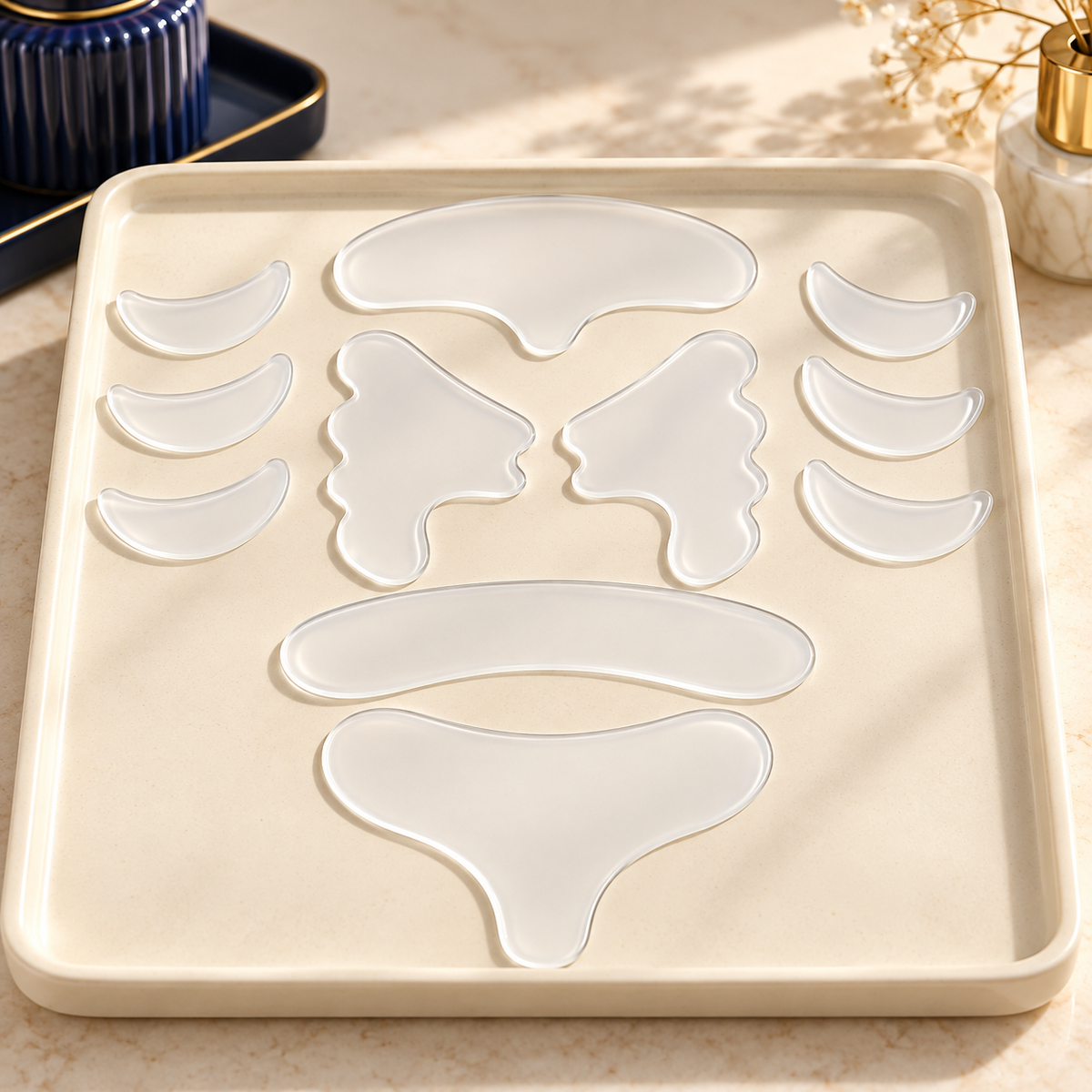 Noble Reusable Silicone Facial Ritual Set on a cream tray
