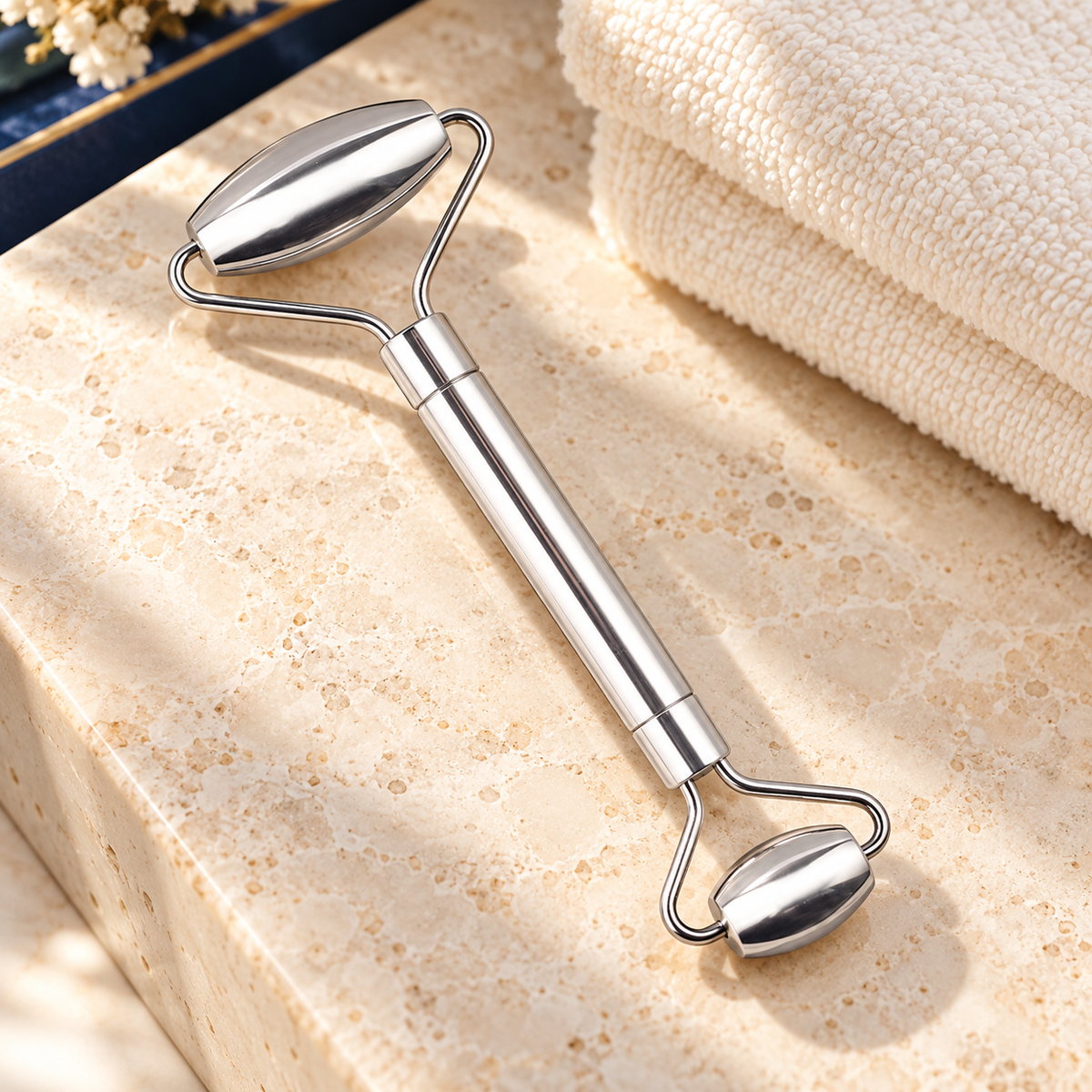 Noble Stainless Facial Roller on cream stone